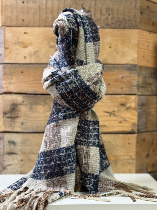 hannah k - Navy/Beige Checked Scarf