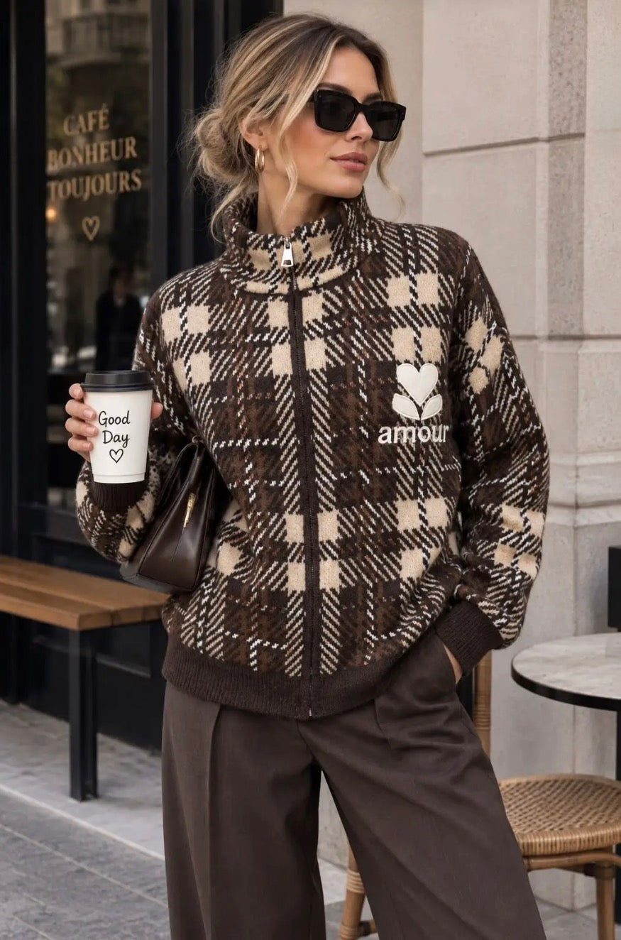Brown/Beige Checked ‘Amour’ Zip Cardigan