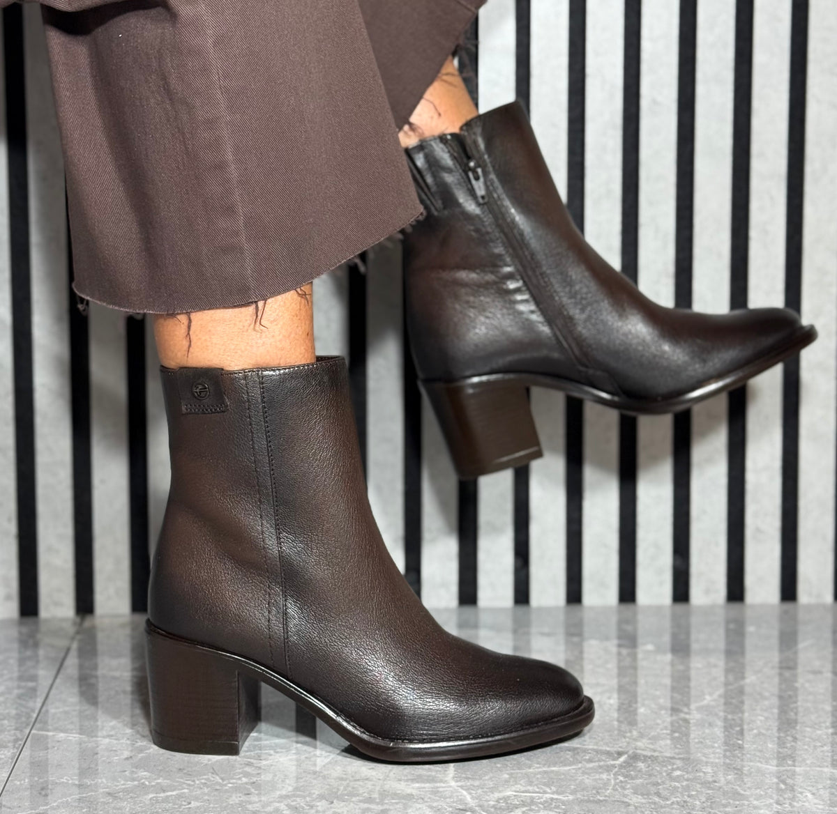 Tamaris - Mocca Leather Block Heel Boot