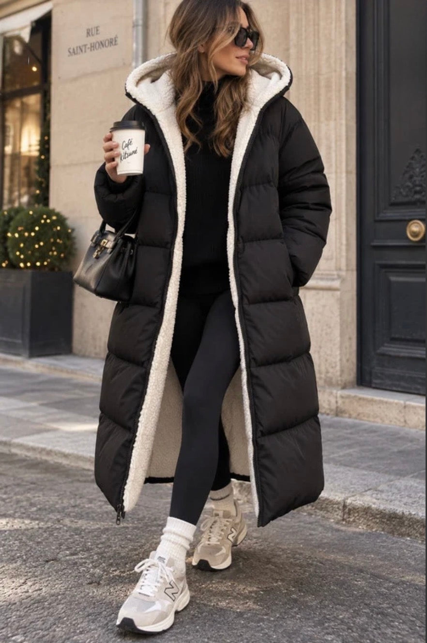 Black/Cream Fleece Reversible Down Long Coat