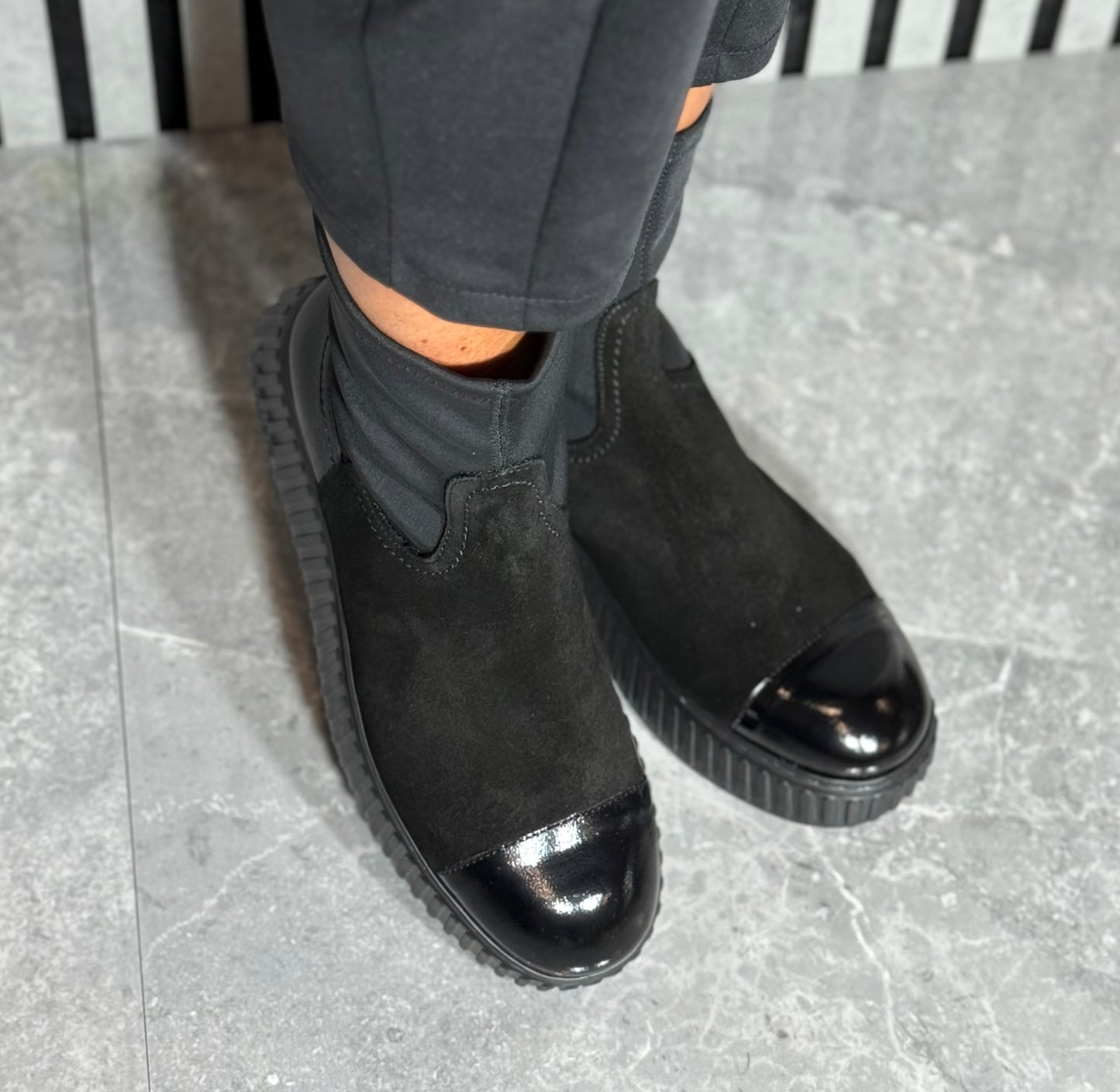 Wonders - A-5207 Black Suede/Leather Stretch Platform Boot