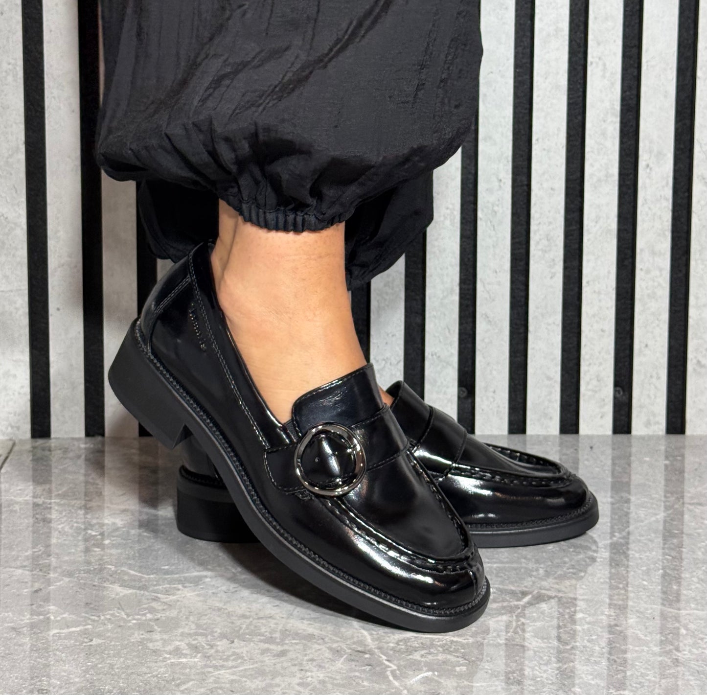 Tamaris Comfort - Black Patent Buckle Detail Loafer