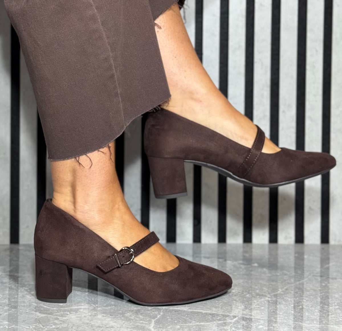 Jana - Brown Strap Block Heel Shoe