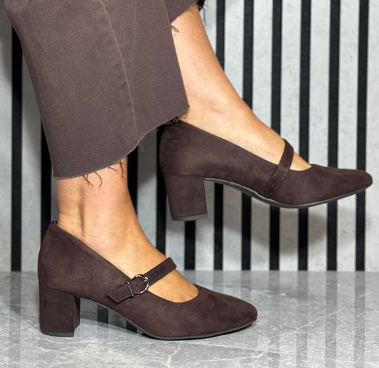 Jana - Brown Strap Block Heel Shoe