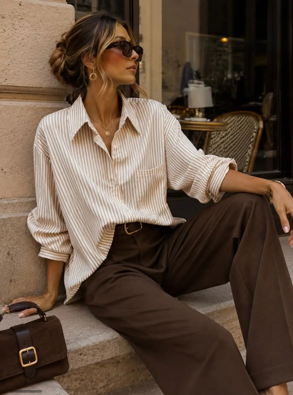 Taupe Striped Top Oversized Shirt