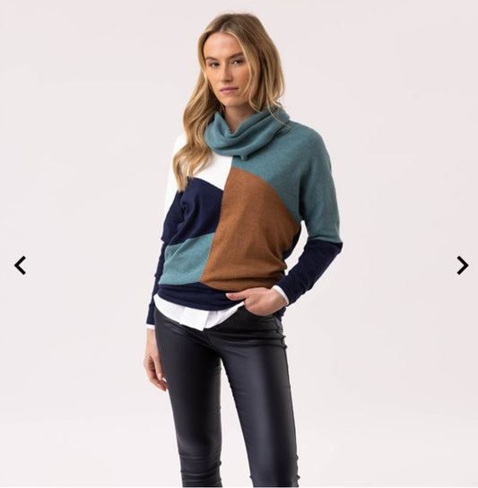 Marble - Teal/Navy Colour Block Cowl Neck