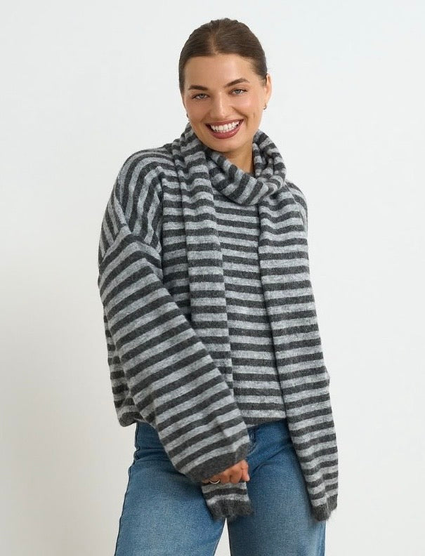 Grey Stripe Oversized Knit With Detachable Scarf