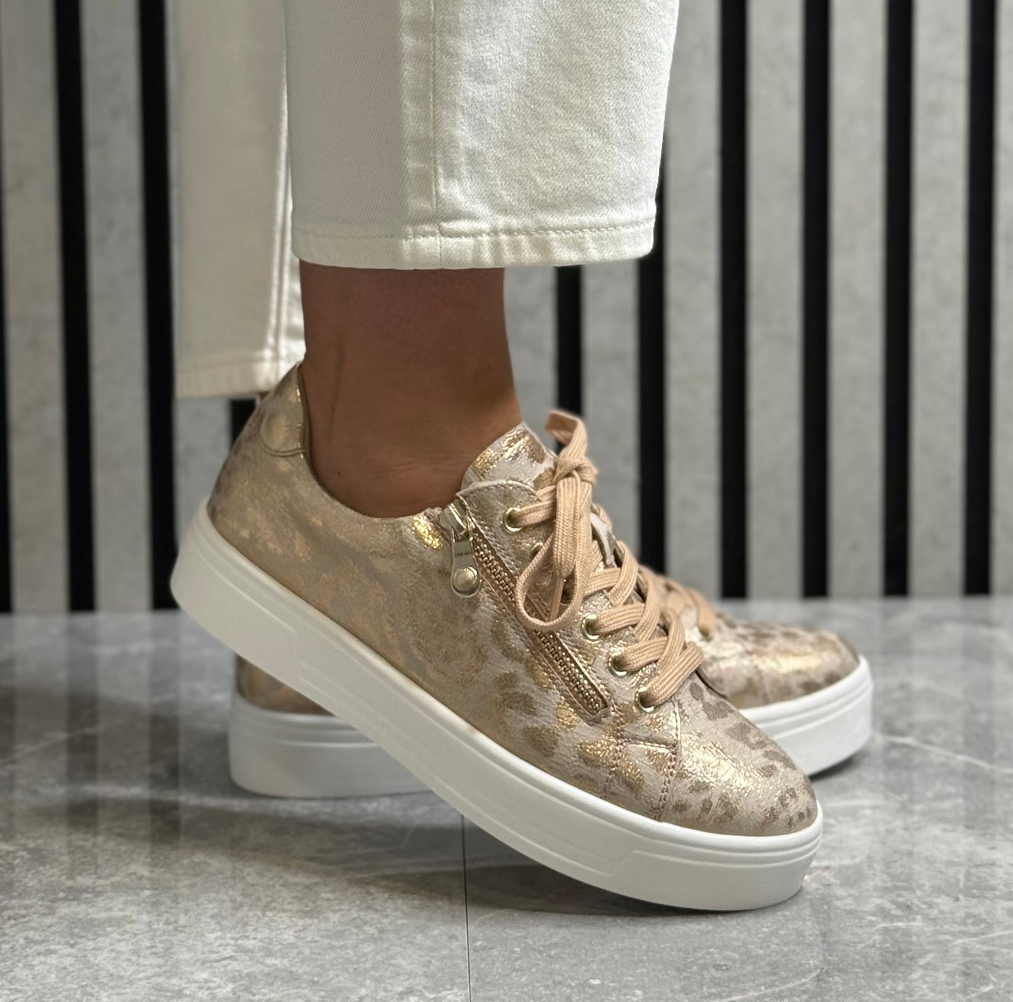 Lunar - 'Charm' Rose Gold Animal Print Metallic Trainer