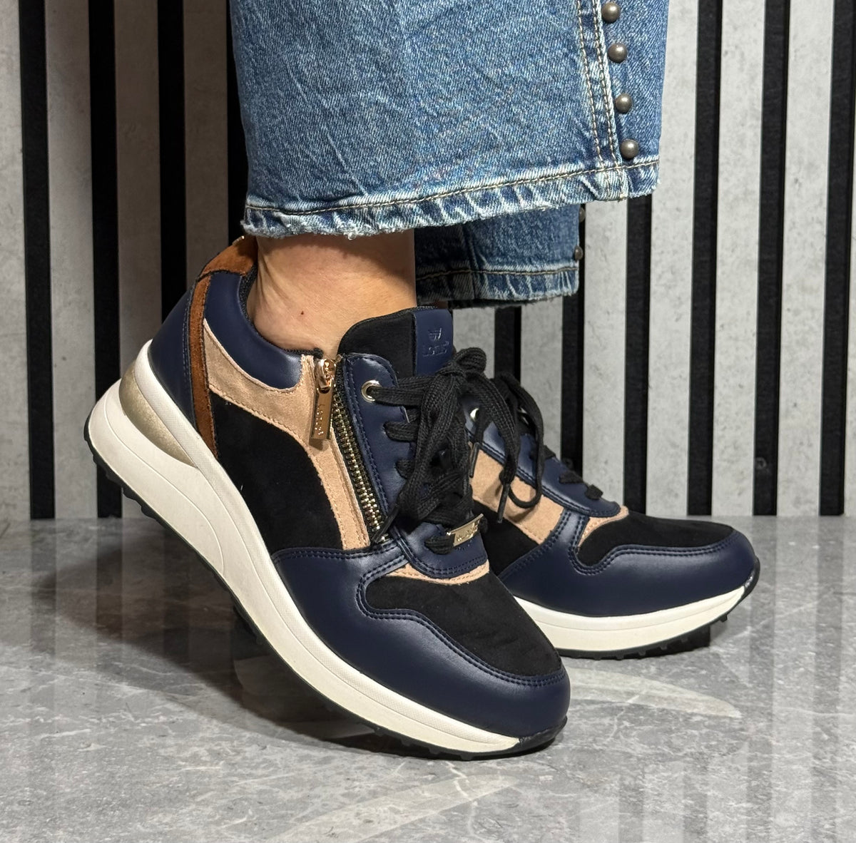 Lotus - 'Moore' Navy/Tan Wedge Trainer