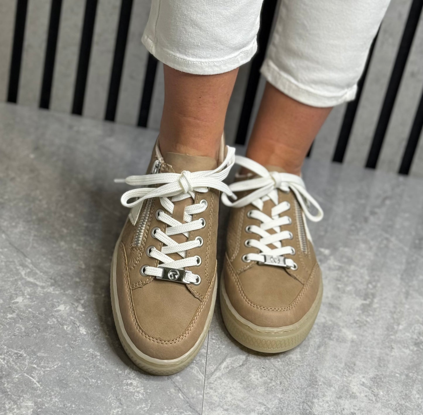 Rieker - Taupe Detailed Gum Sole Leather Trainer