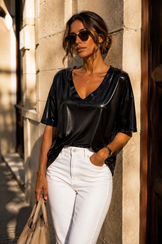 Black Metallic V Neck Tee