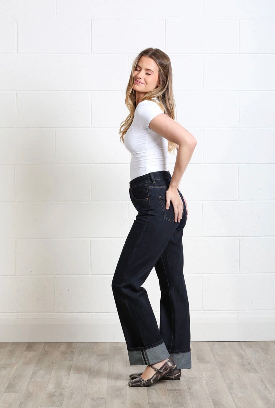 Rant & Rave - 'Rose’ Raw Denim Turn Up Straight Jean