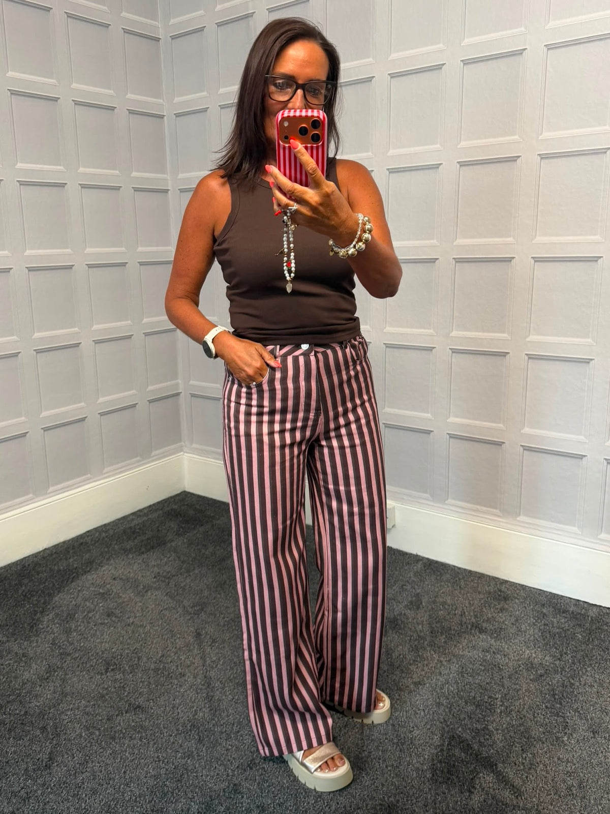 Pink/Brown Stripe Wide Leg Jean