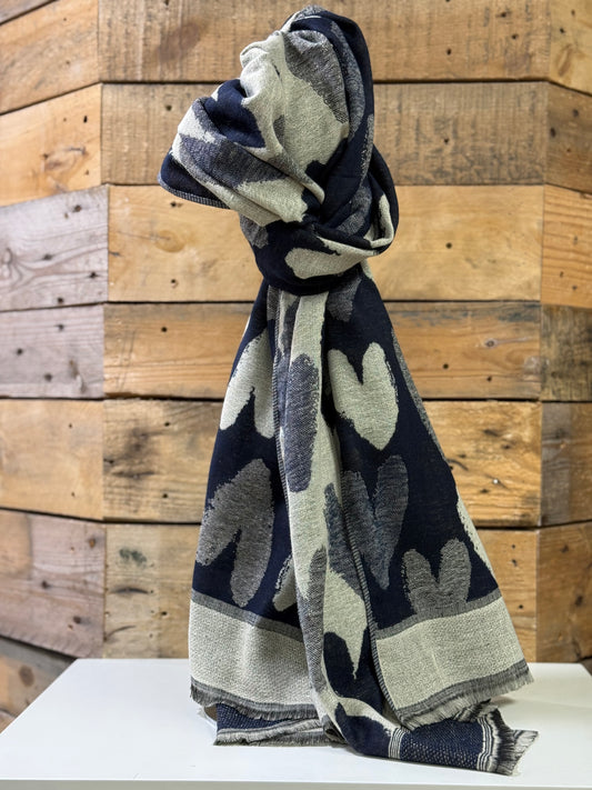 hannah k - Navy/Beige Lurex Heart Scarf