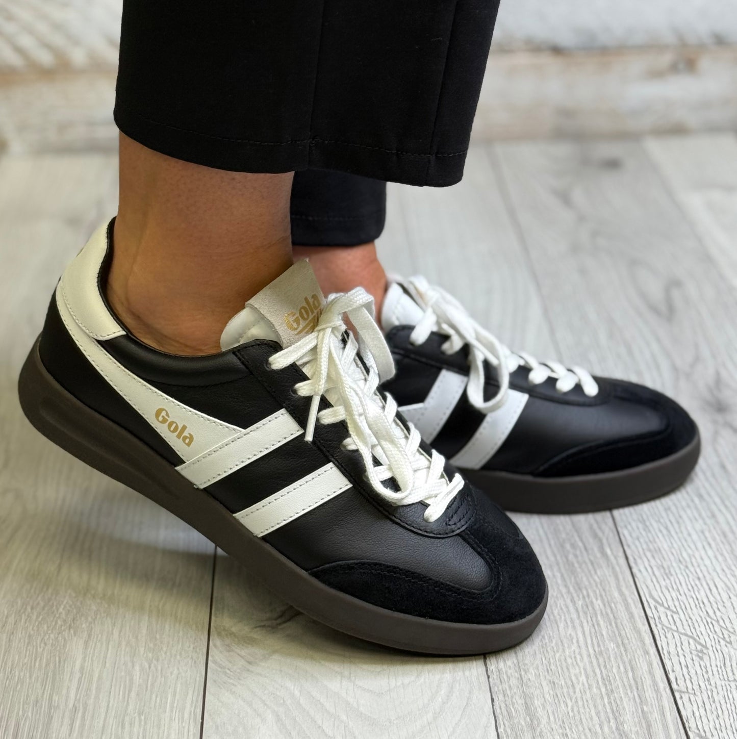 Gola - ‘Cyclone' Black/White/Dark Gum Sole Leather Trainer