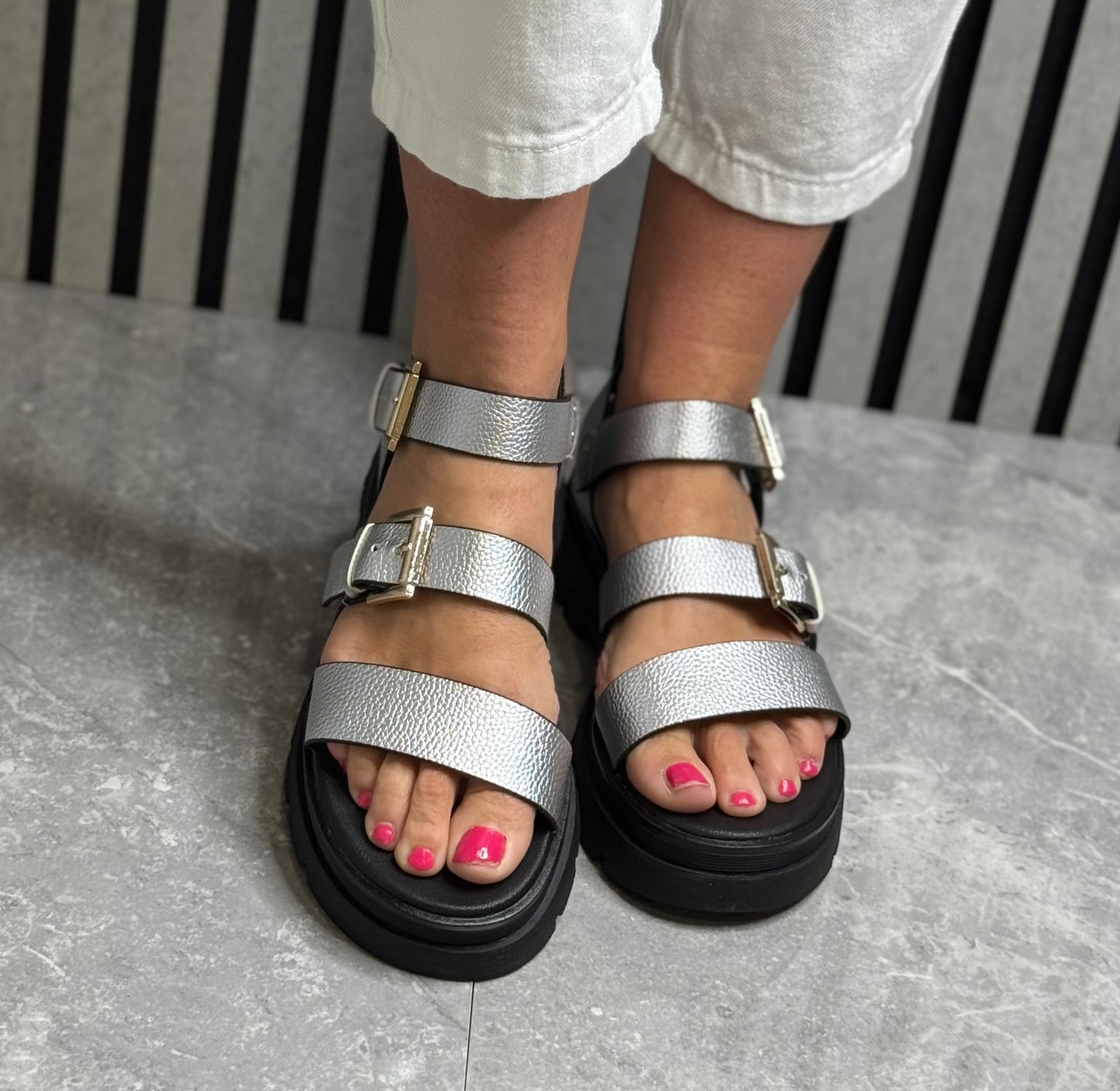 Una Healy - 'Something' Chrome Crush Strap Sandal