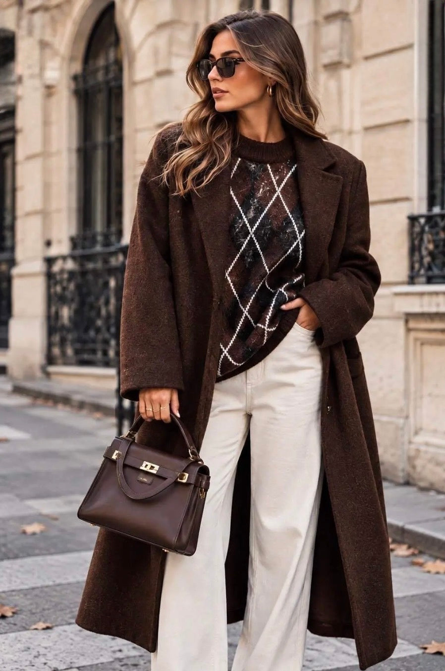 Coffee Diamond Pattern Oversized Jumper