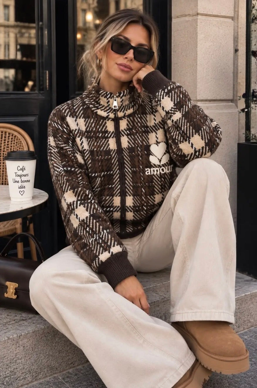Brown/Beige Checked ‘Amour’ Zip Cardigan