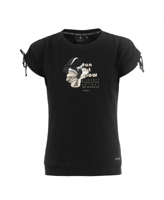 S’questo - Black Printed Tie Sleeve Detail Top