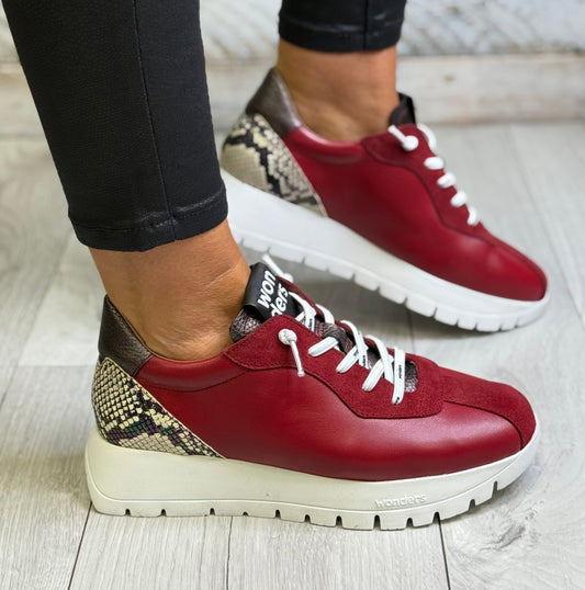 Wonders - A-2495 Ruby Red/Animal Trim Leather Trainer