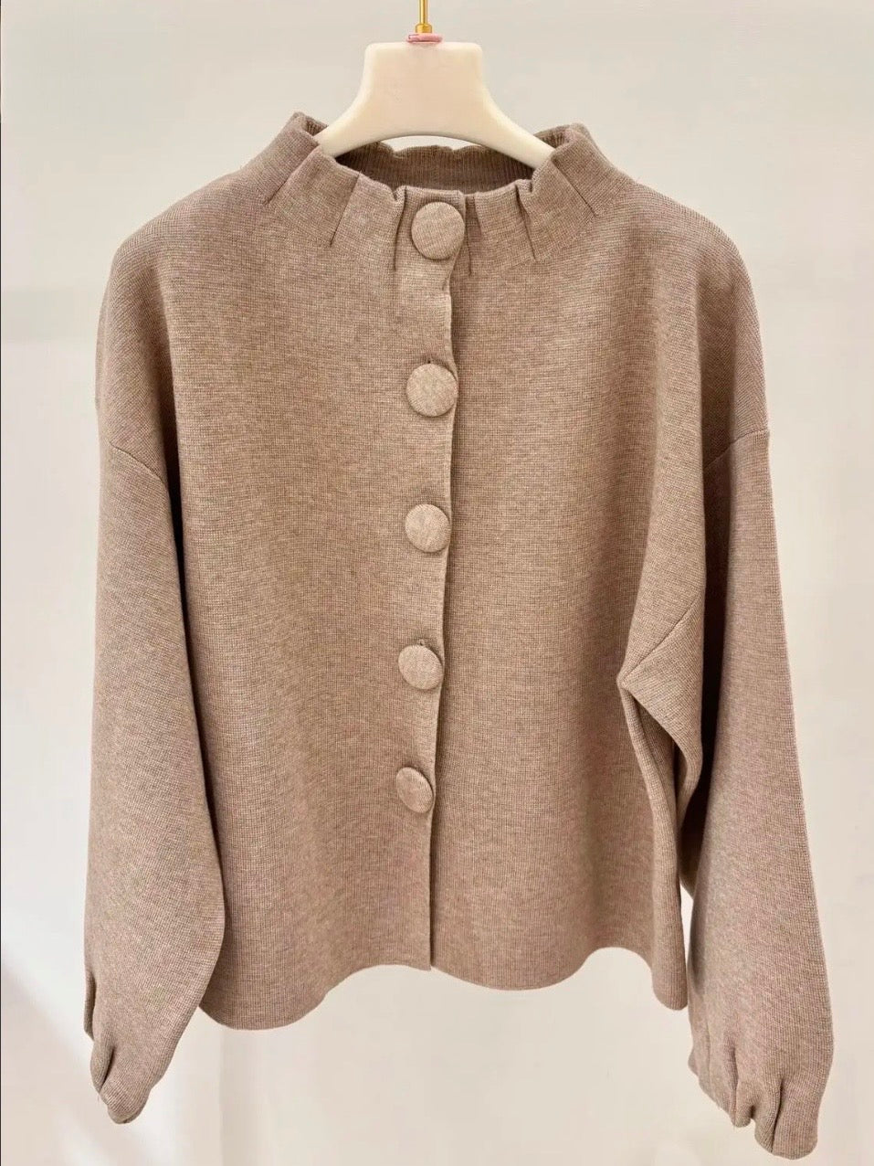 Taupe High Neck Ruched Sleeve Cardi