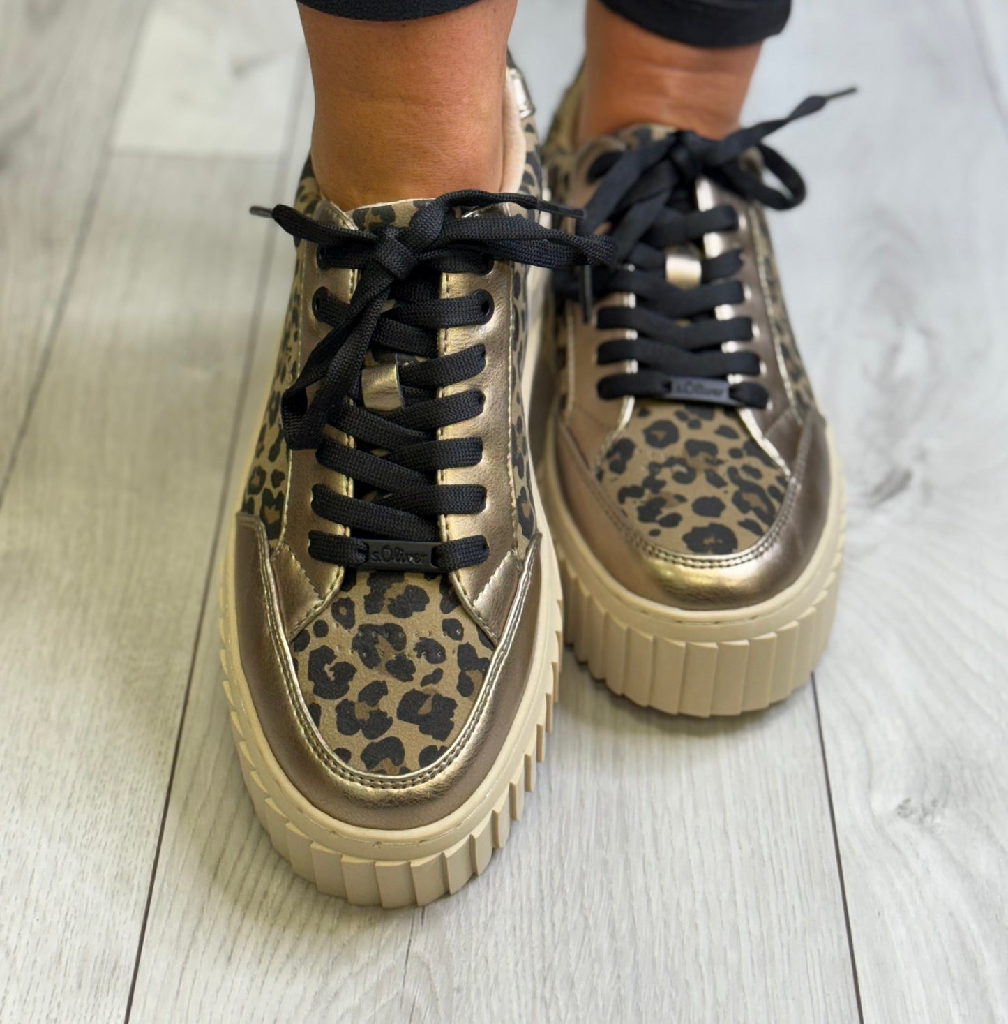 S Oliver - Gold/Leopard Platform Trainer