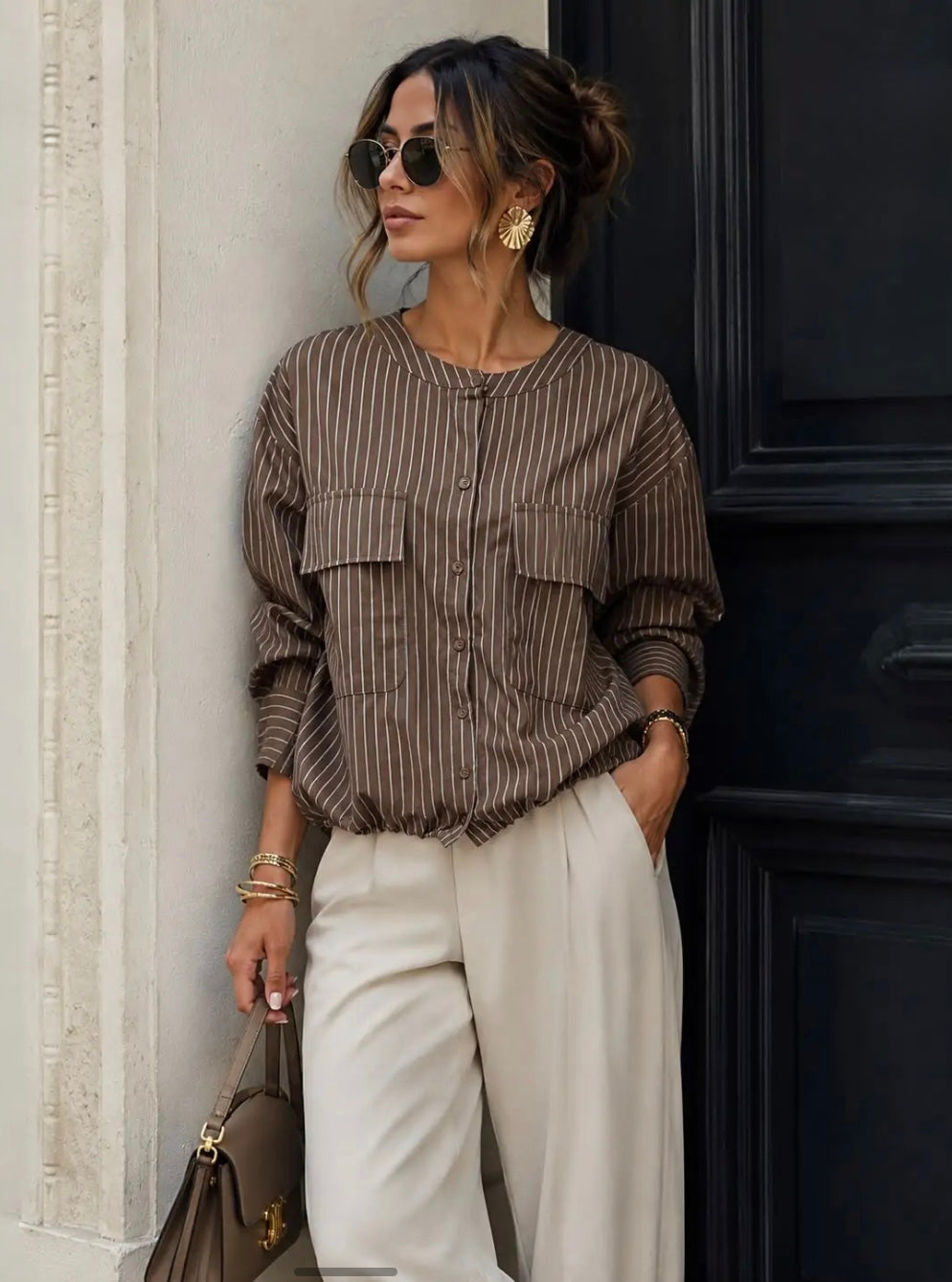 Brown Striped Shirt With Drawstring.