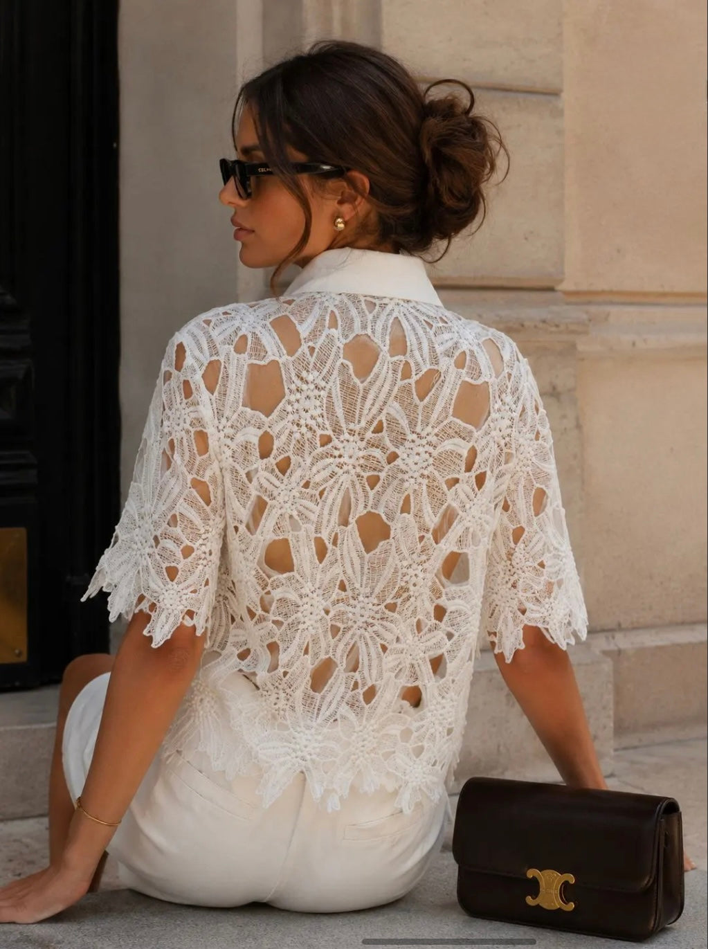 Cream Floral Openwork Lace Blouse