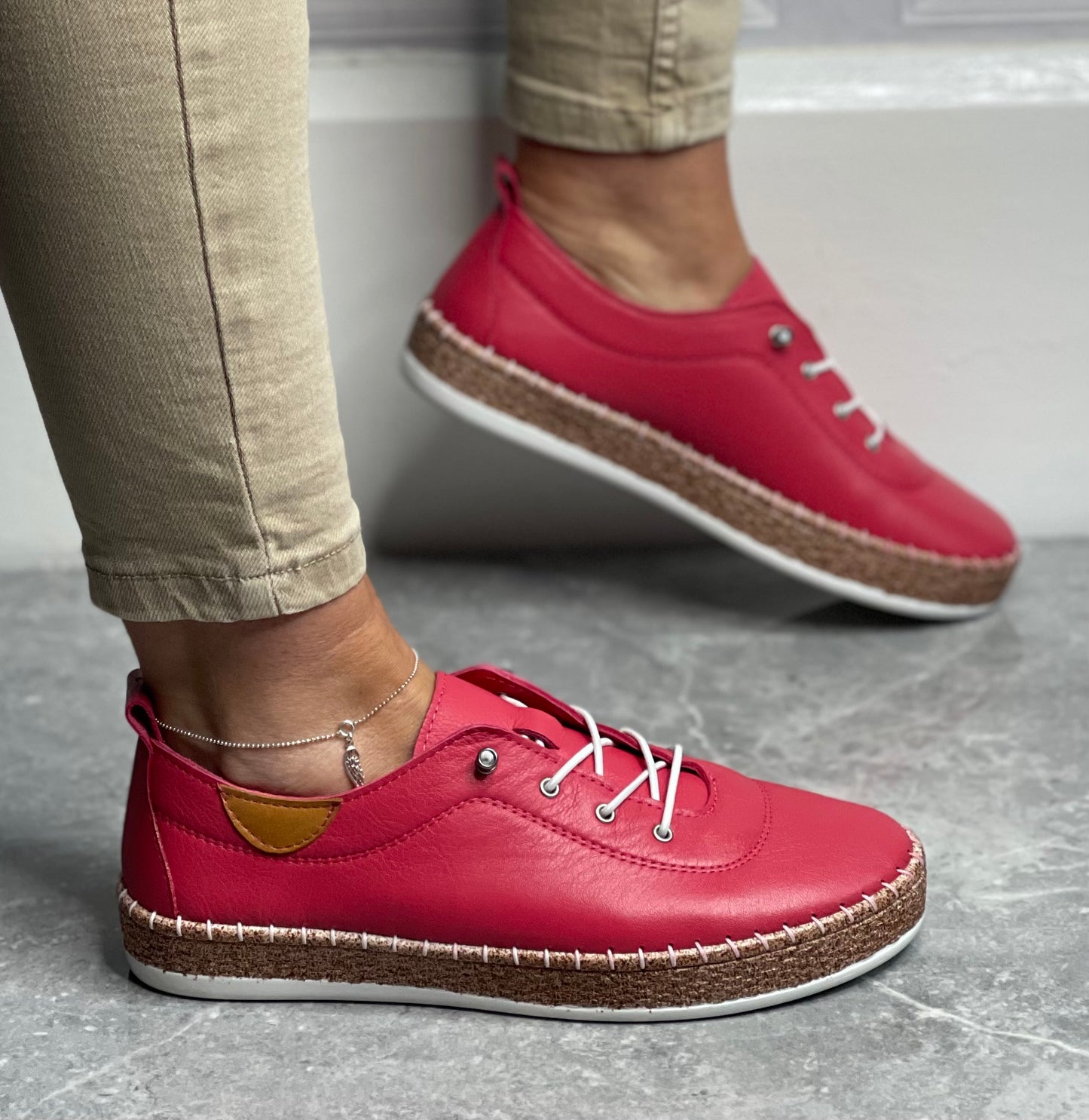 Lunar - 'Evie' Raspberry Leather Plimsole