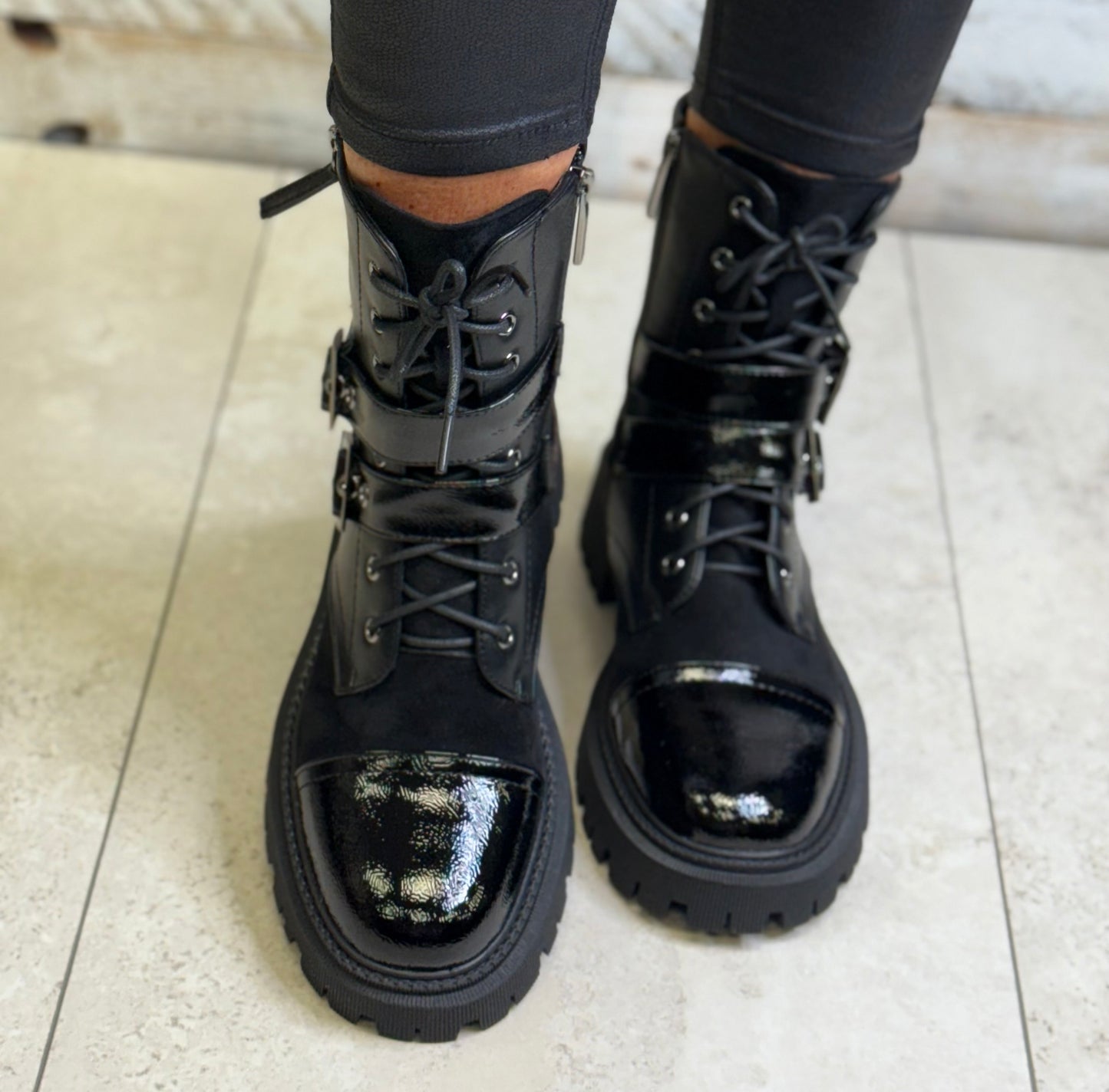 Dancing Matilda - Black Strap Detail Biker Boot