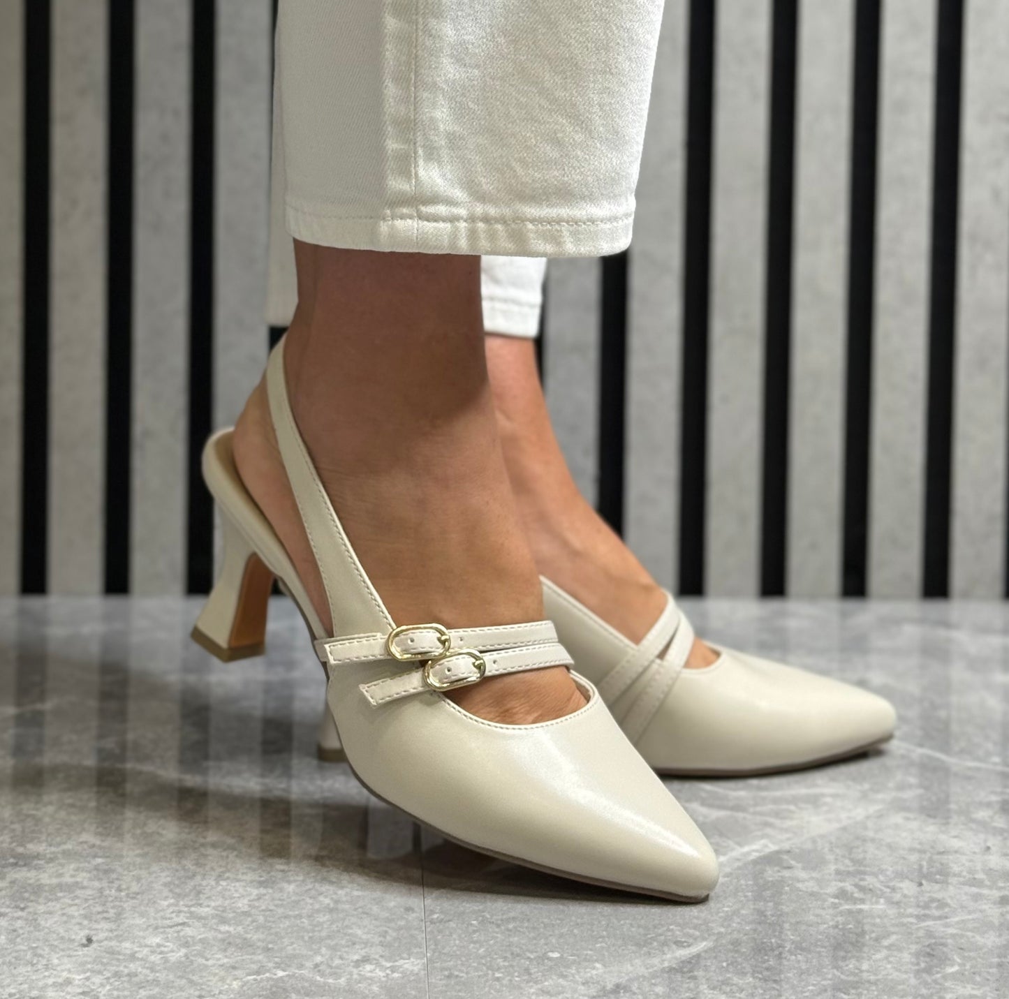Marco Tozzi - Cream Strap Detail Slingback Heel