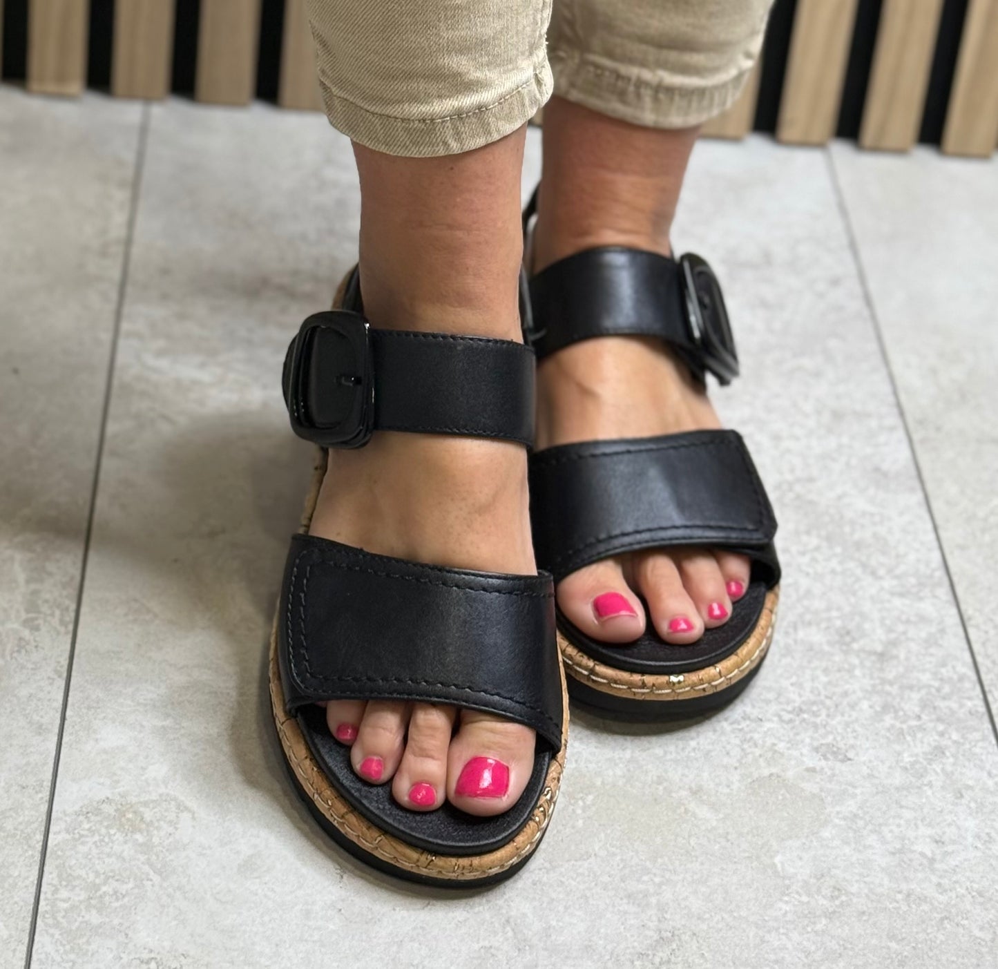 Jana - Black Buckle Detail Leather Sandal