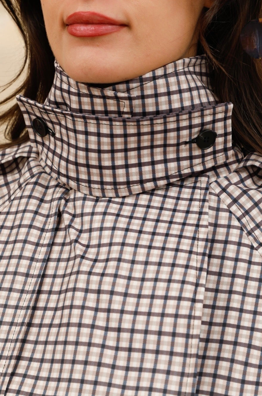 Checked High Collar Short Oversized Trench Coat