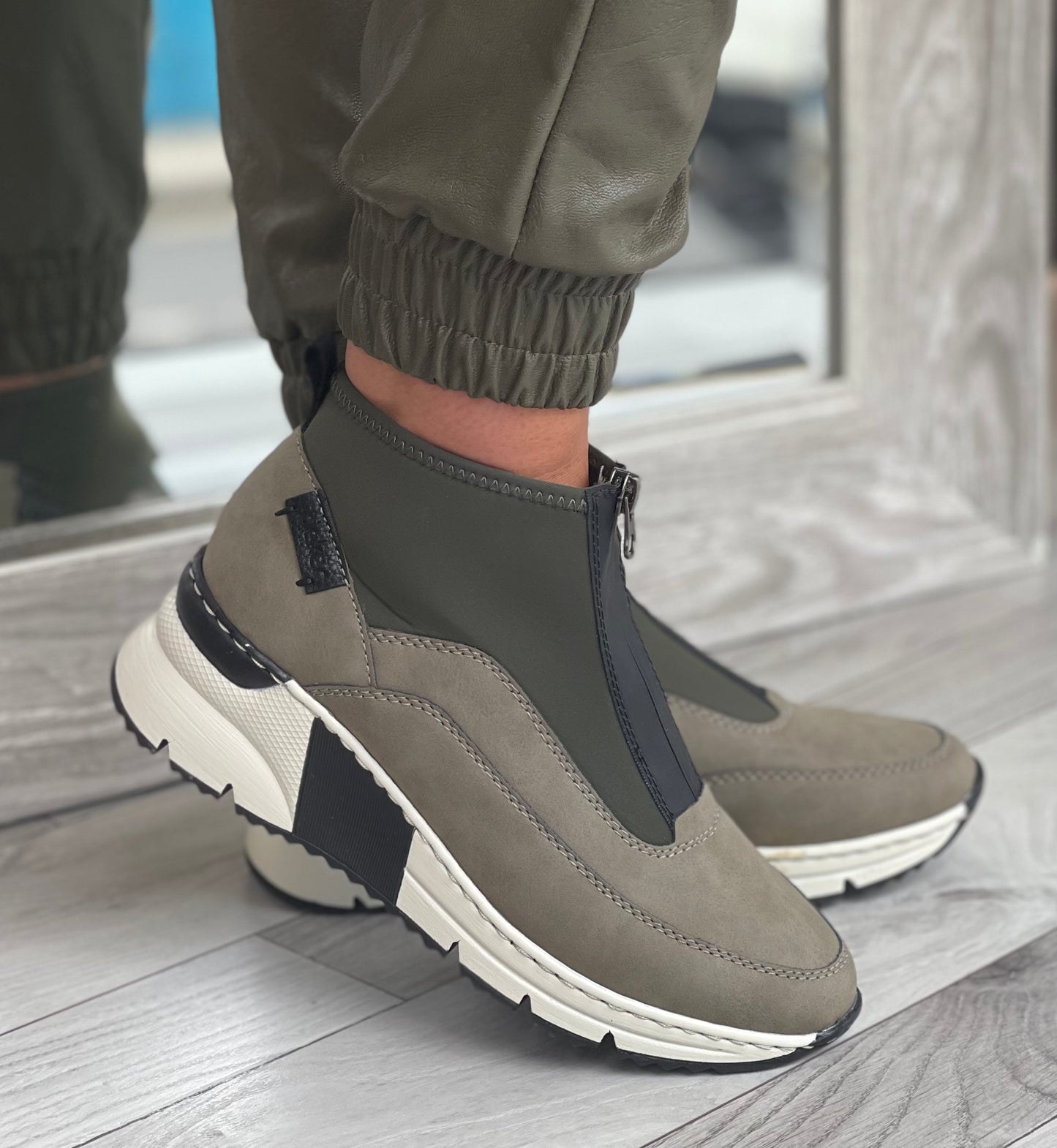 Rieker - Khaki Front Zip Sock Trainer