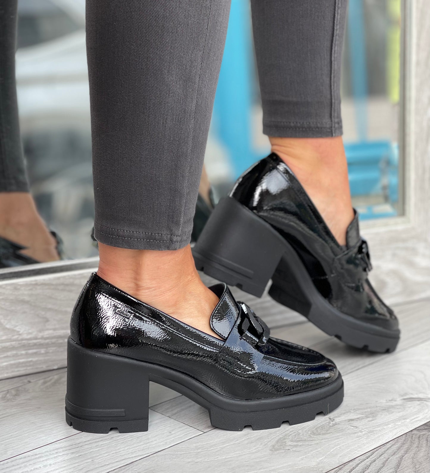 S Oliver - Black Patent Block Heel Loafer