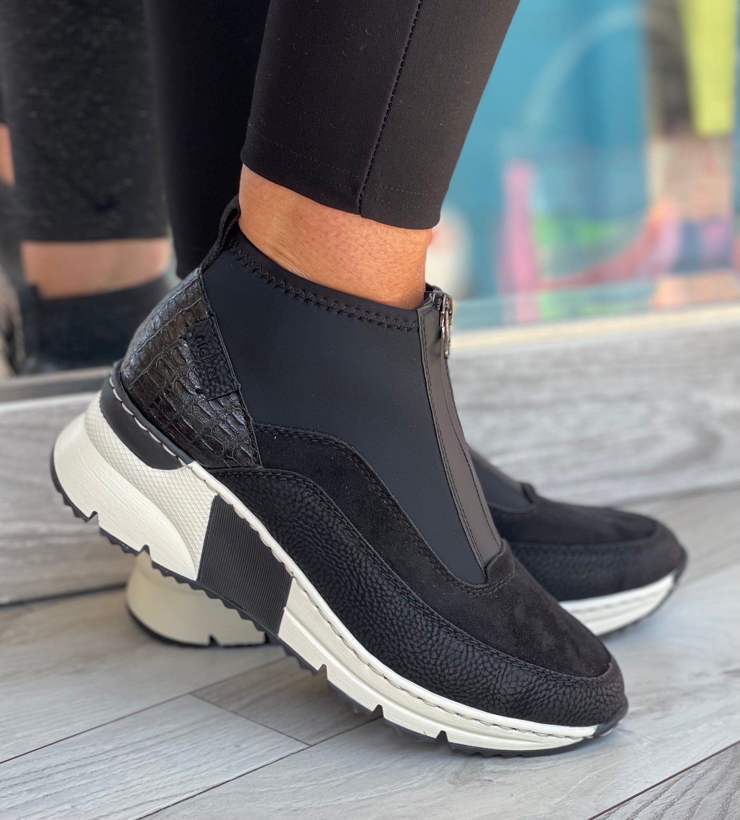 Rieker - Black Front Zip Sock Trainer